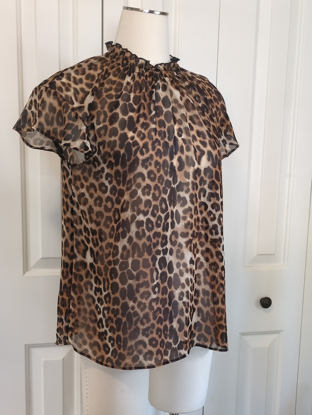 Express Leopard Print Ruffle Neck Top - Brown & Black